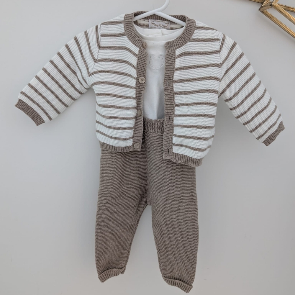 3 piece mocha and cream knit sweater outfit. Mayoral brand